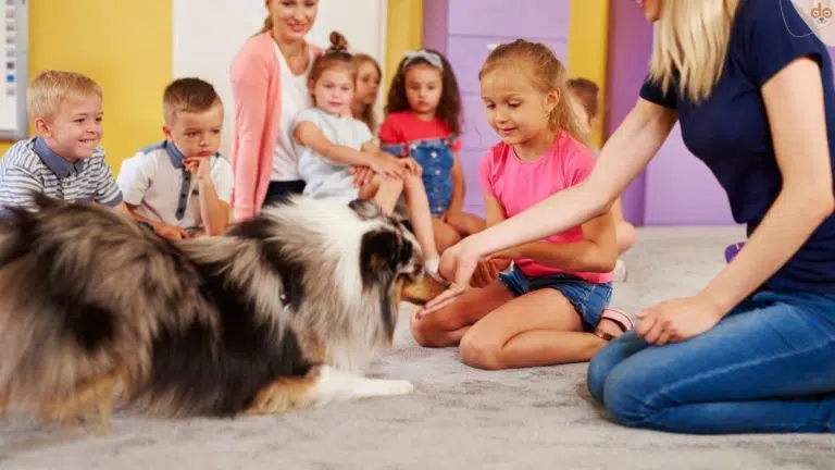 Kinder und Hund im Unterricht lernen
